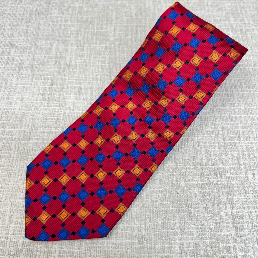 Bolgheri‎ Men's 100% Silk Tie Red Blue Orange Geometric Pattern Made in Italy